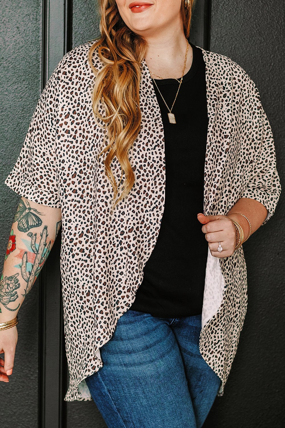 Plus Size Khaki Leopard Print Half Sleeve Open Front Cardigan - Bayou Curves