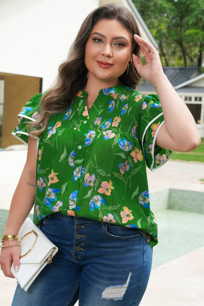 Plus Size Green Ruffled Short Sleeve Floral Top - Bayou Curves