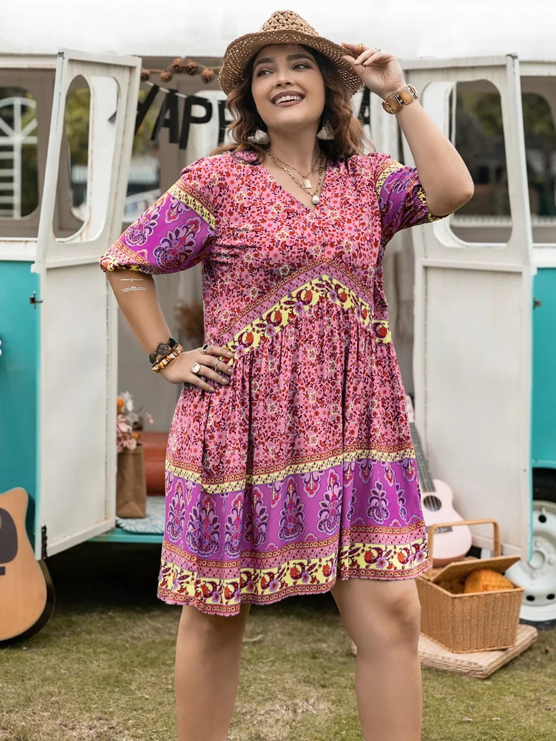 Plus Size Floral V-Neck Mini Dress - Bayou Curves