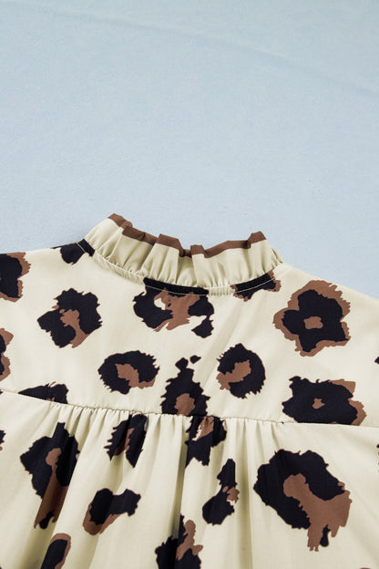 Plus Size Khaki Leopard Print Frilled Color Block Trim Button Down Short Sleeve Blouse - Bayou Curves