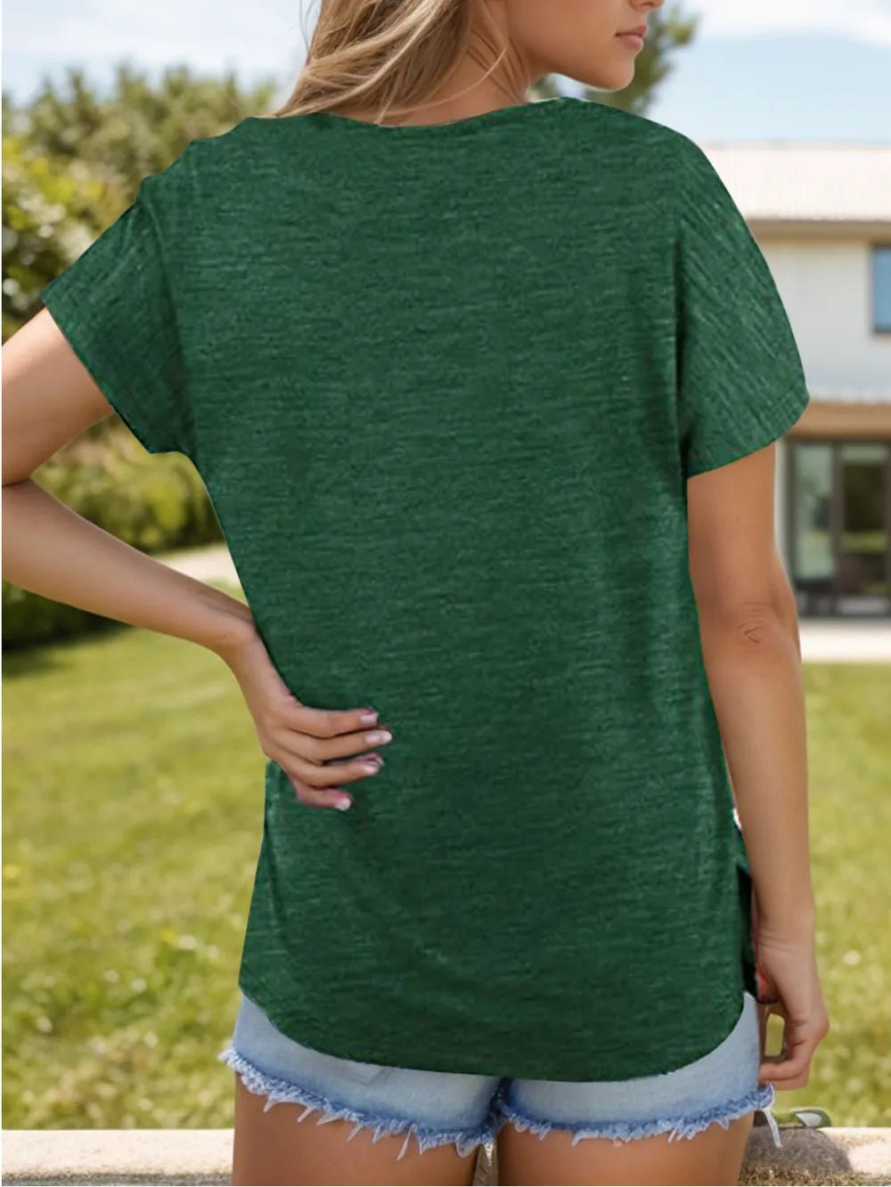 Pocketed Heathered V-Neck Short Sleeve T-Shirt - Bayou Curves