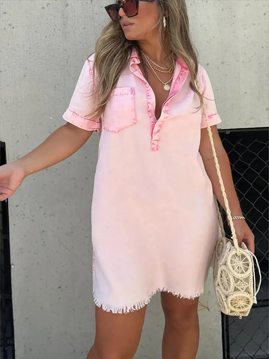 Full Size Raw Hem Short Sleeve Denim Dress Plus Size - Bayou Curves