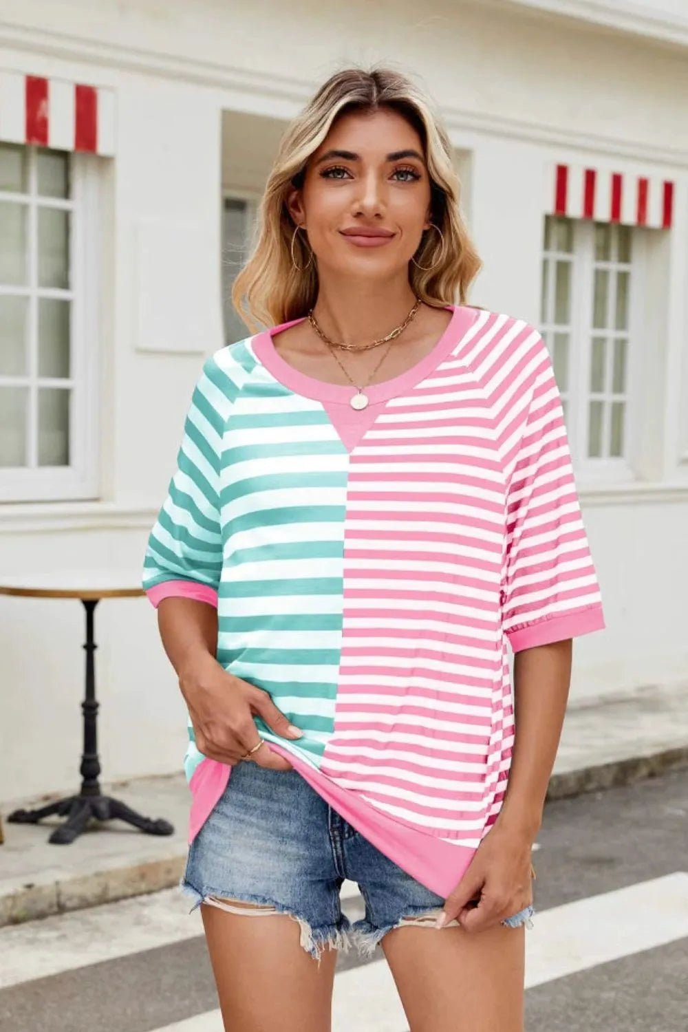 Striped Round Neck Half Sleeve T-Shirt - Bayou Curves