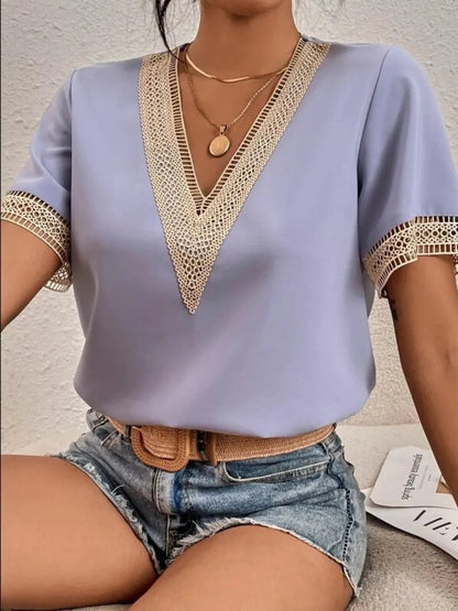 Full Size Contrast V-Neck Short Sleeve Blouse Plus Size - Bayou Curves