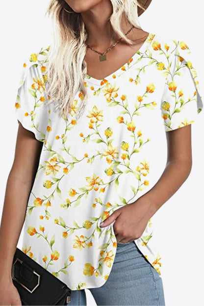 Printed Petal Sleeve V-Neck Blouse - Bayou Curves