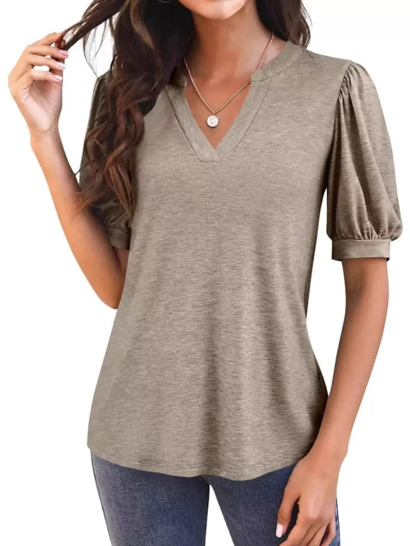 Puff Sleeve Notched Casual T-Shirt - Bayou Curves