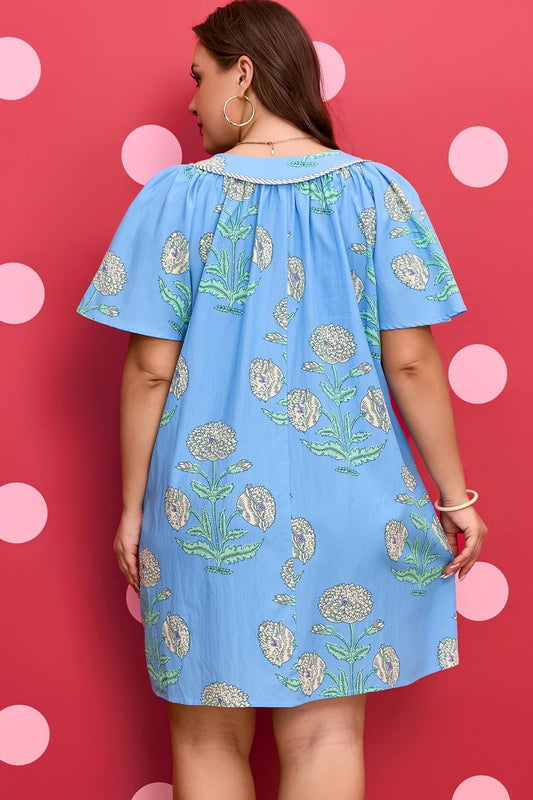 Plus Size Sky Blue Floral Printed Short Sleeve Striped Trim Split Neck Mini Dress - Bayou Curves