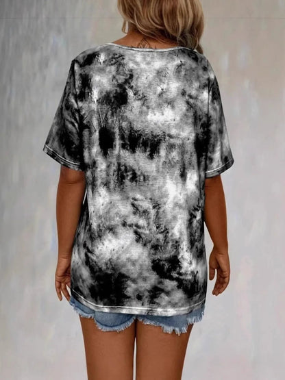 Tie Dye Lace-Up V-Neck Casual T-Shirt - Bayou Curves