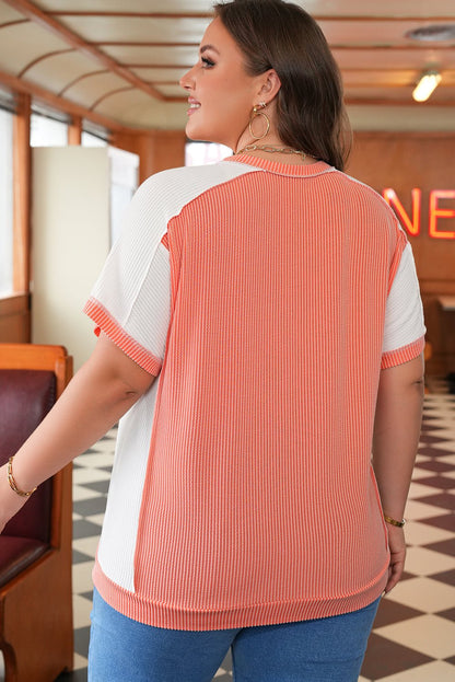 Plus Size Carrot Twist Rib Colorblock Hi Low Short Sleeve Top - Bayou Curves