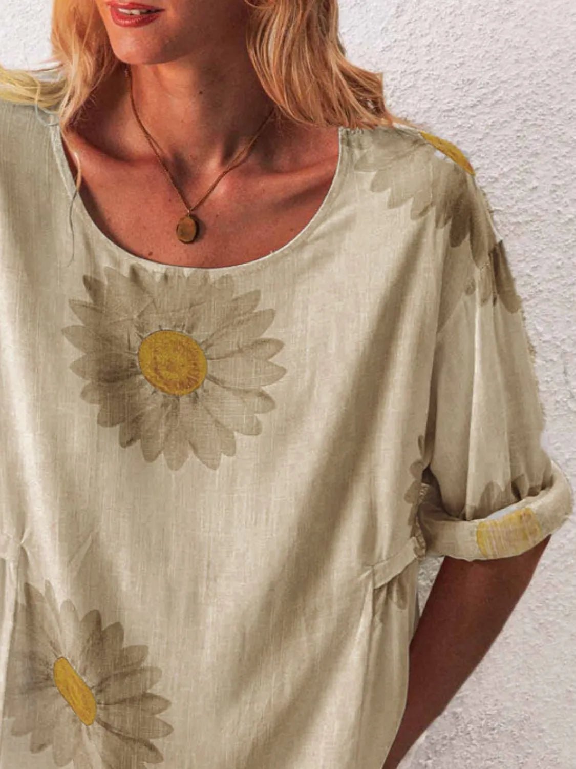 Full Size Flower Round Neck Half Sleeve T-Shirt Plus Size - Bayou Curves