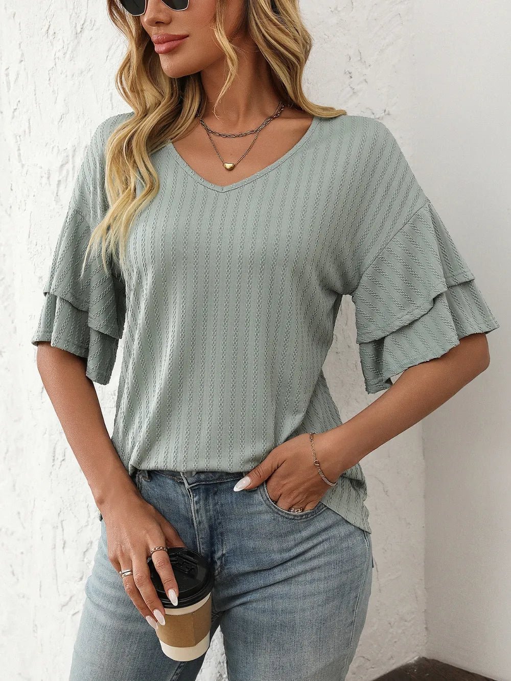 Mandy V-Neck Ruffle Half Sleeve Top - Bayou Curves