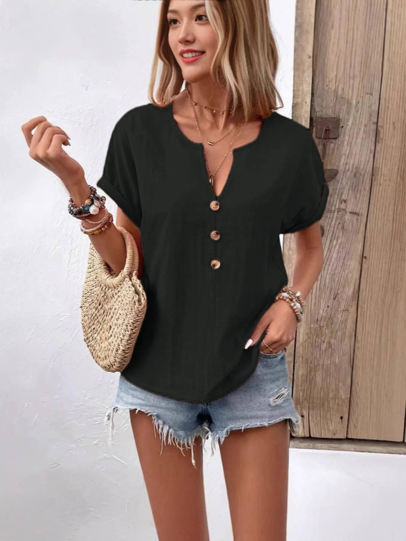 Full Size Notched Short Sleeve Top Plus Size - Bayou Curves