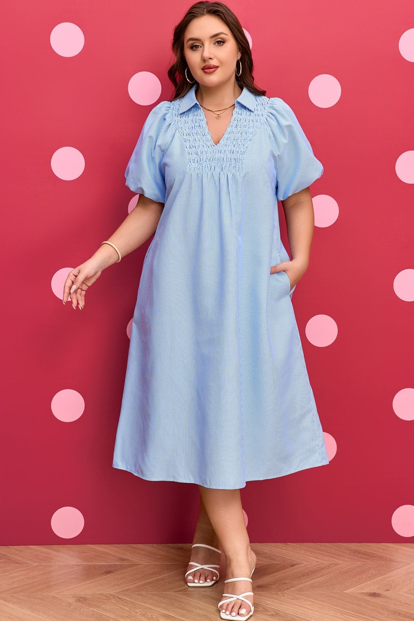 Plus Size Sky Blue Stripe Shirred Detail Collar V Neck Midi Dress - Bayou Curves