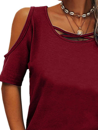 Full Size Crisscross Cold Shoulder Casual T-Shirt Plus Size - Bayou Curves