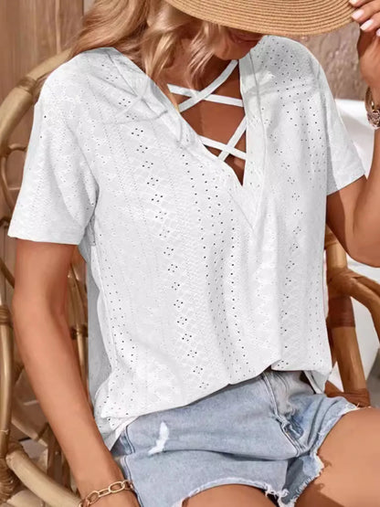 Eyelet Crisscross Short Sleeve T-Shirt - Bayou Curves