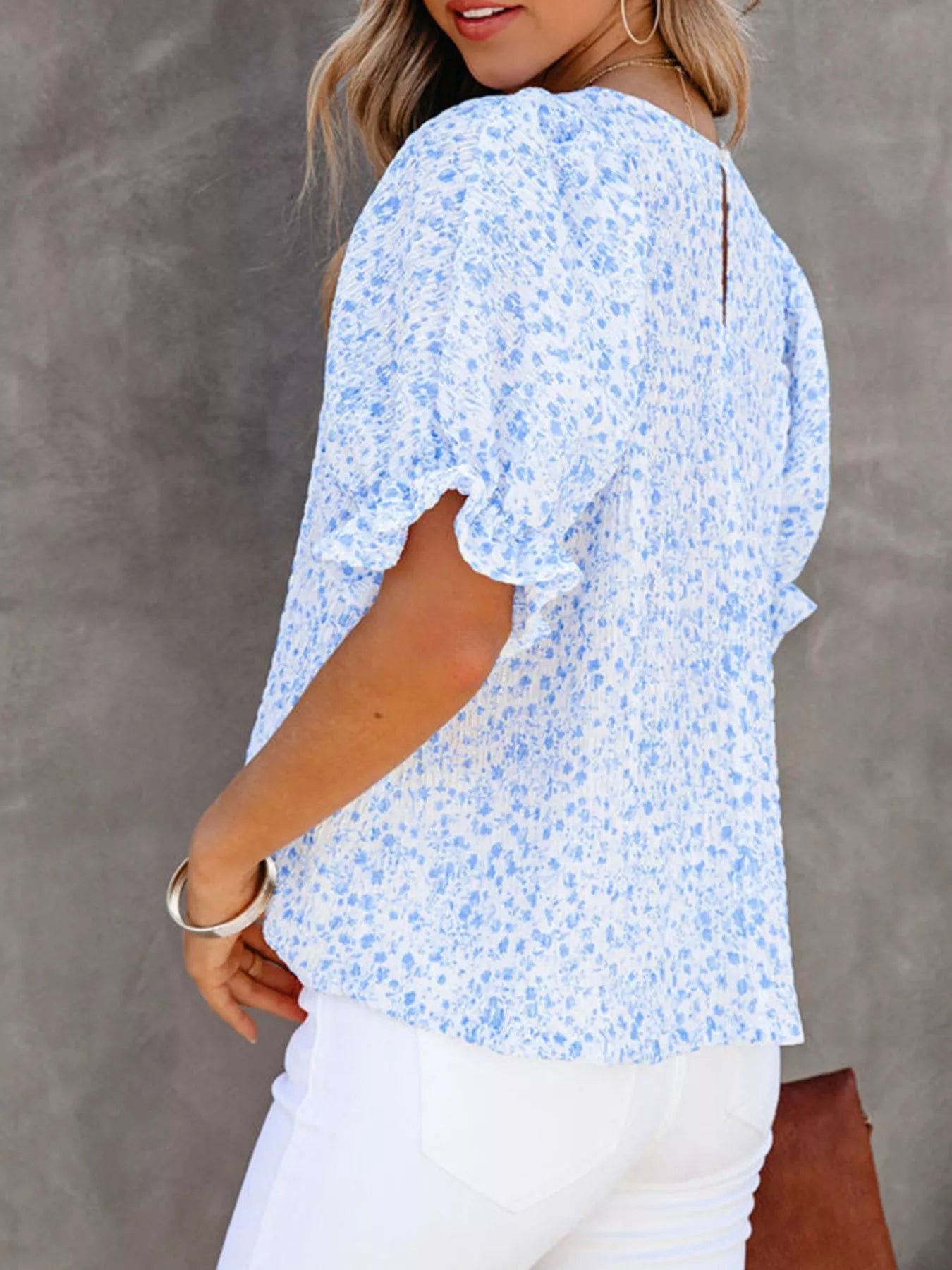 Full Size Floral Print Ruffle Sleeve Blouse Plus Size - Bayou Curves