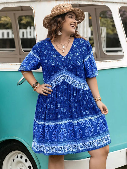 Plus Size Floral V-Neck Mini Dress - Bayou Curves