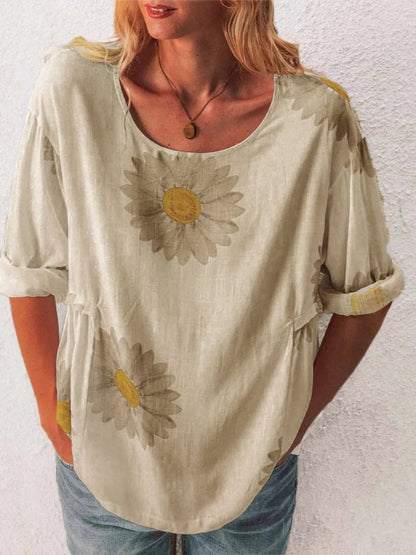 Full Size Flower Round Neck Half Sleeve T-Shirt Plus Size - Bayou Curves