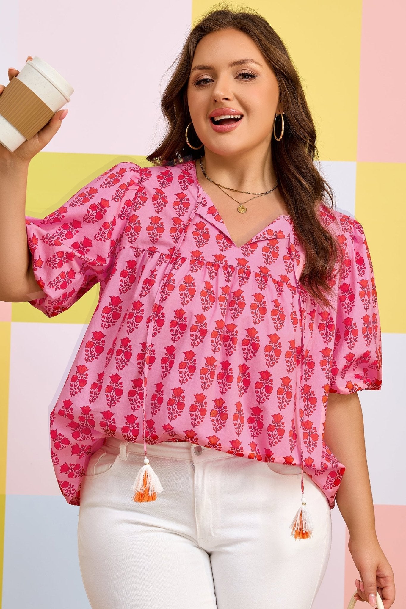 Plus Size Pink Floral Print Tassel Tie Puff Sleeve Cotton Blouse - Bayou Curves