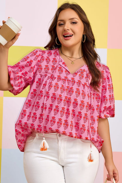 Plus Size Pink Floral Print Tassel Tie Puff Sleeve Cotton Blouse - Bayou Curves