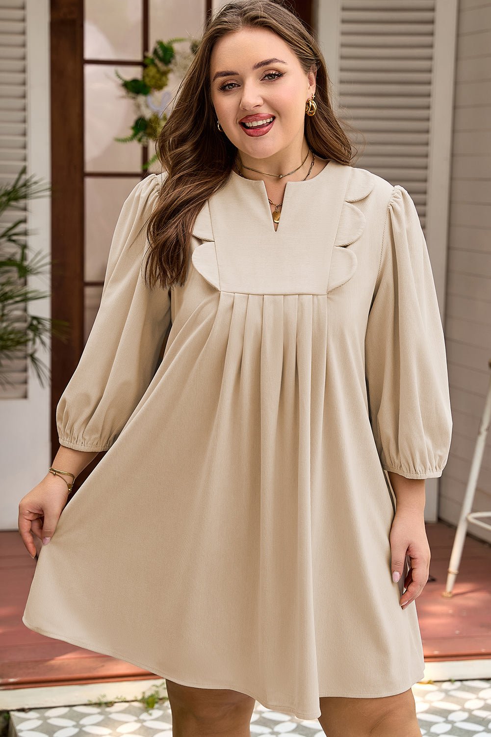 Plus Size Parchment Notched Neck Scallop Detail Mini Dress - Bayou Curves