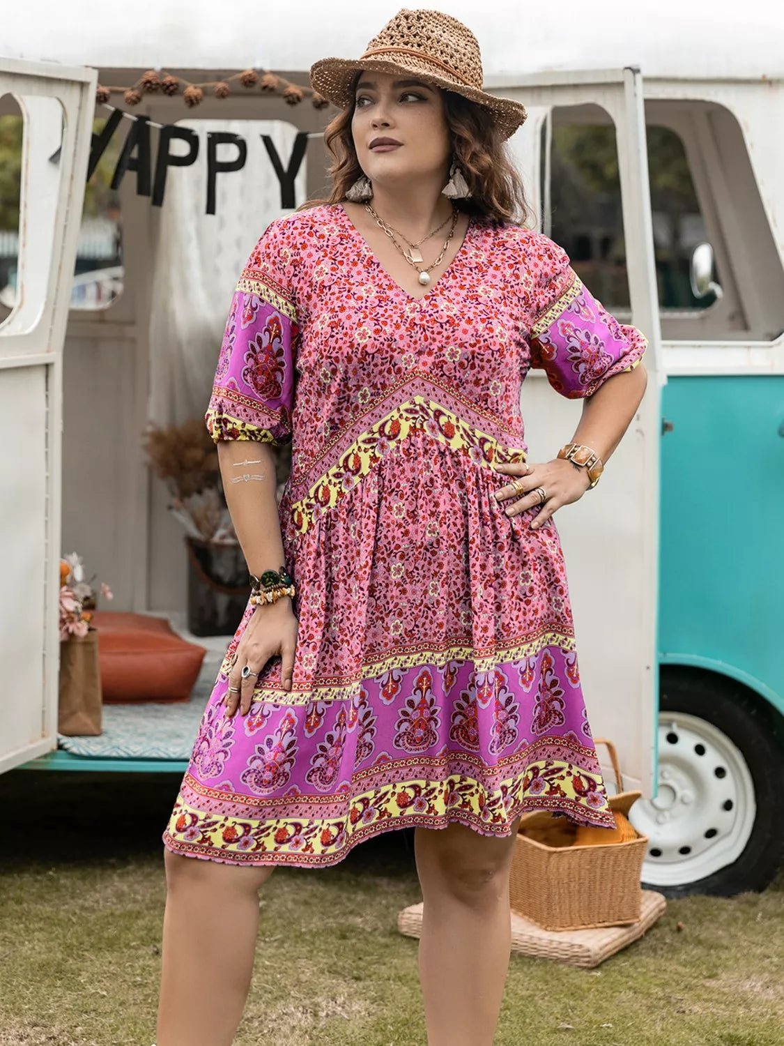 Plus Size Floral V-Neck Mini Dress - Bayou Curves