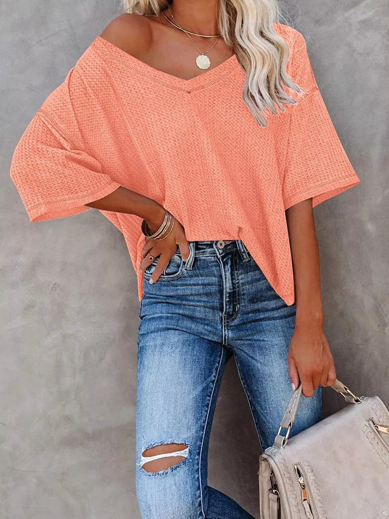 Waffle Knit V-Neck Short Sleeve T-Shirt - Bayou Curves