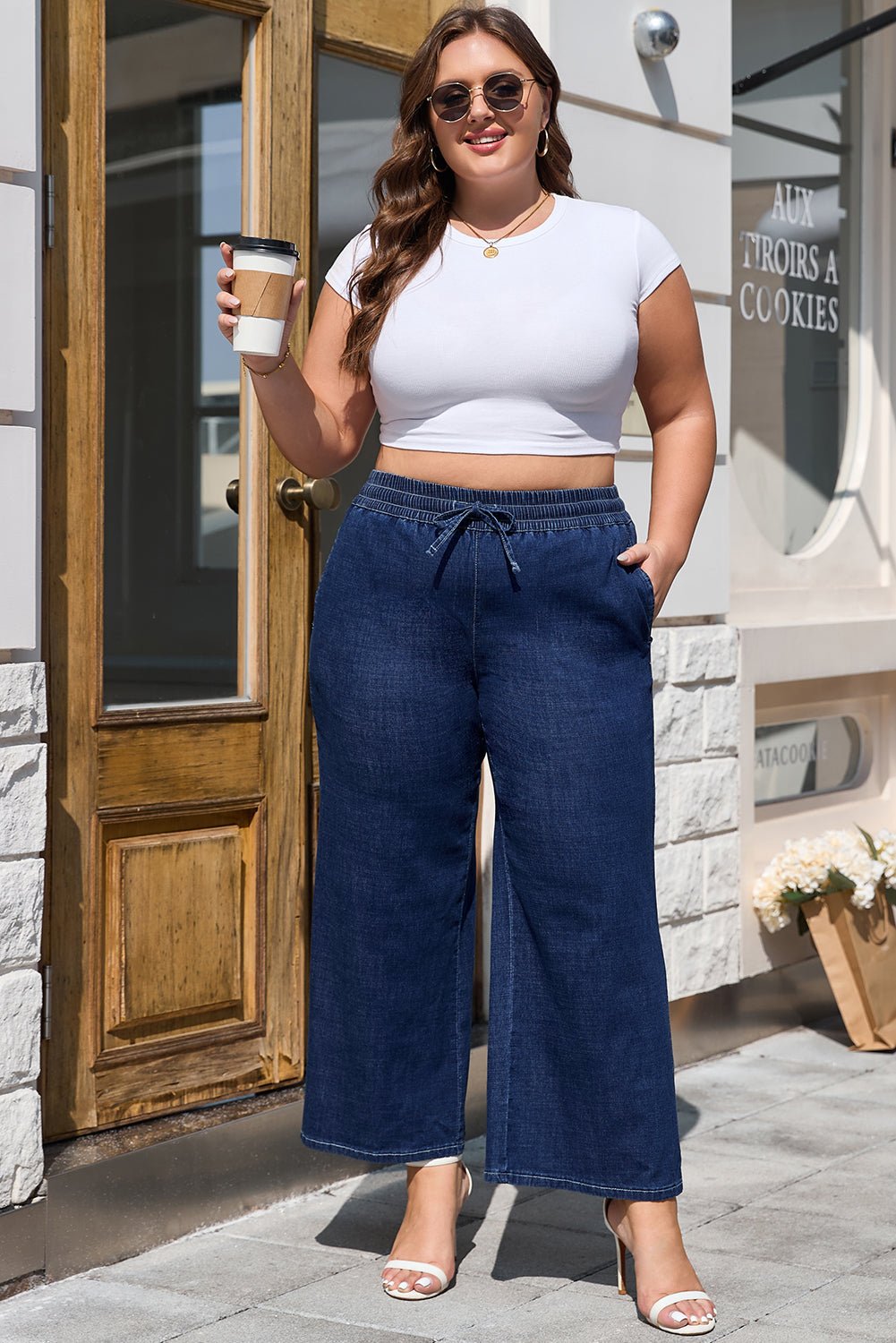 Plus Size Real Teal Drawstring High Waist Wide Leg Jeans - Bayou Curves