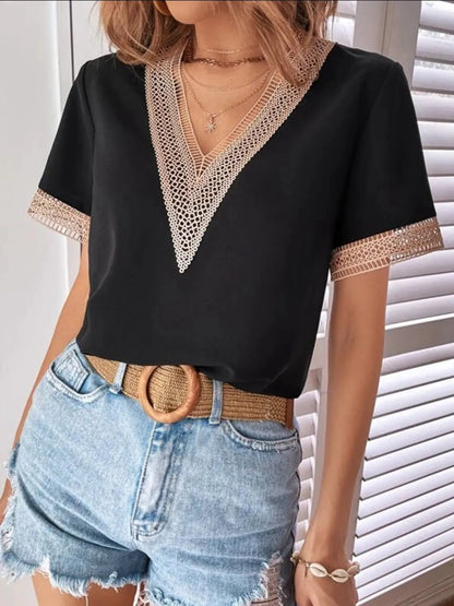 Full Size V-Neck Short Sleeve Blouse Plus Size - Bayou Curves