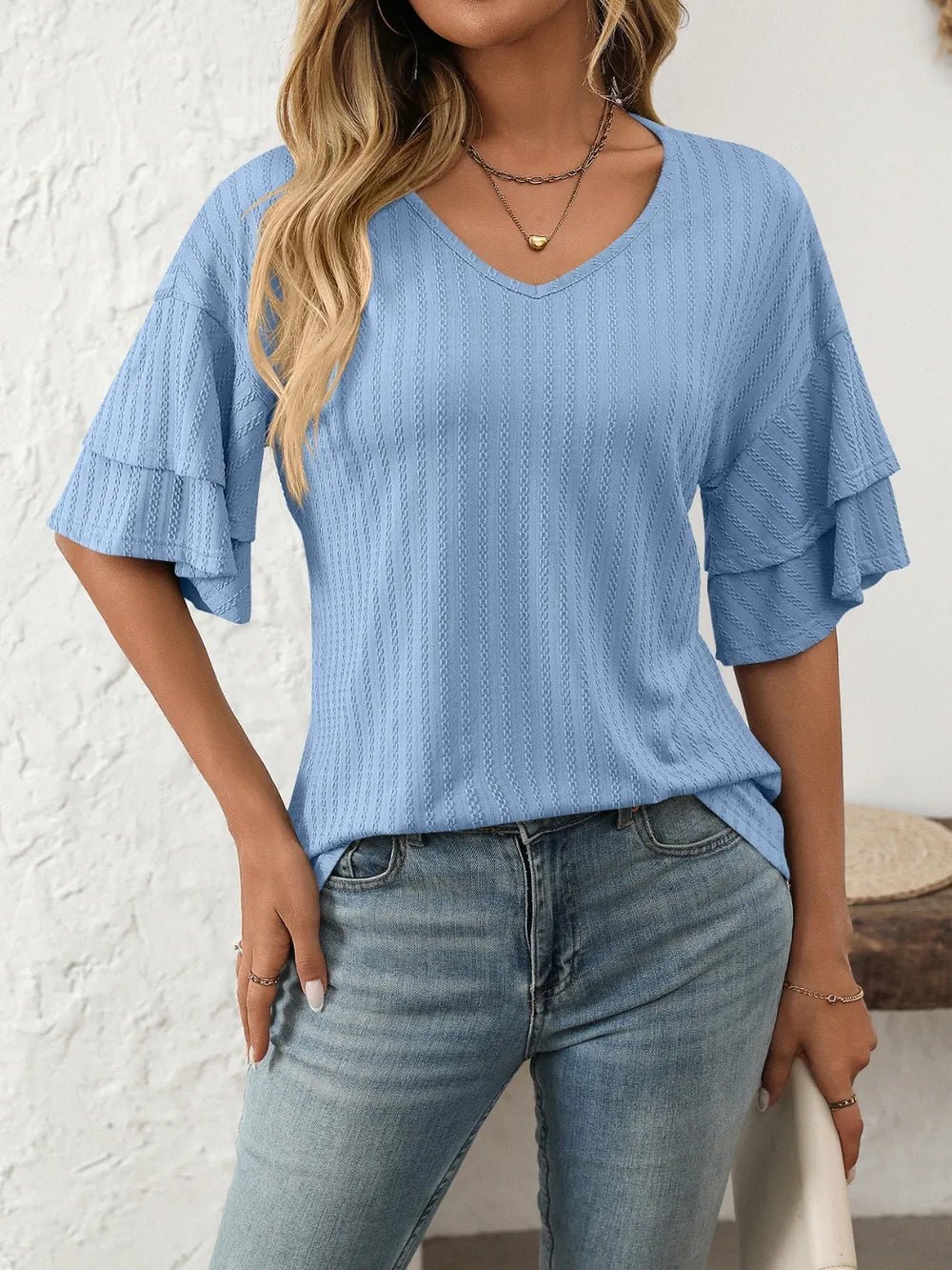 Mandy V-Neck Ruffle Half Sleeve Top - Bayou Curves