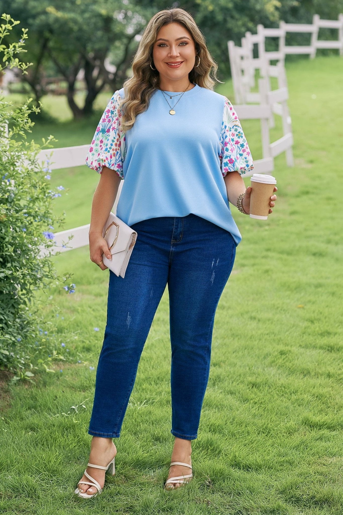 Plus Size Light Blue Textured Bodice Contrast Floral Sleeve Top - Bayou Curves