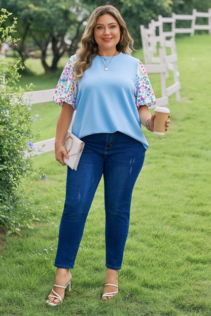 Plus Size Light Blue Textured Bodice Contrast Floral Sleeve Top - Bayou Curves