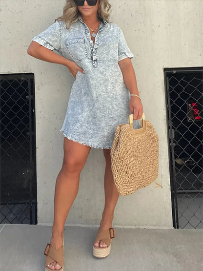 Full Size Raw Hem Short Sleeve Denim Dress Plus Size - Bayou Curves