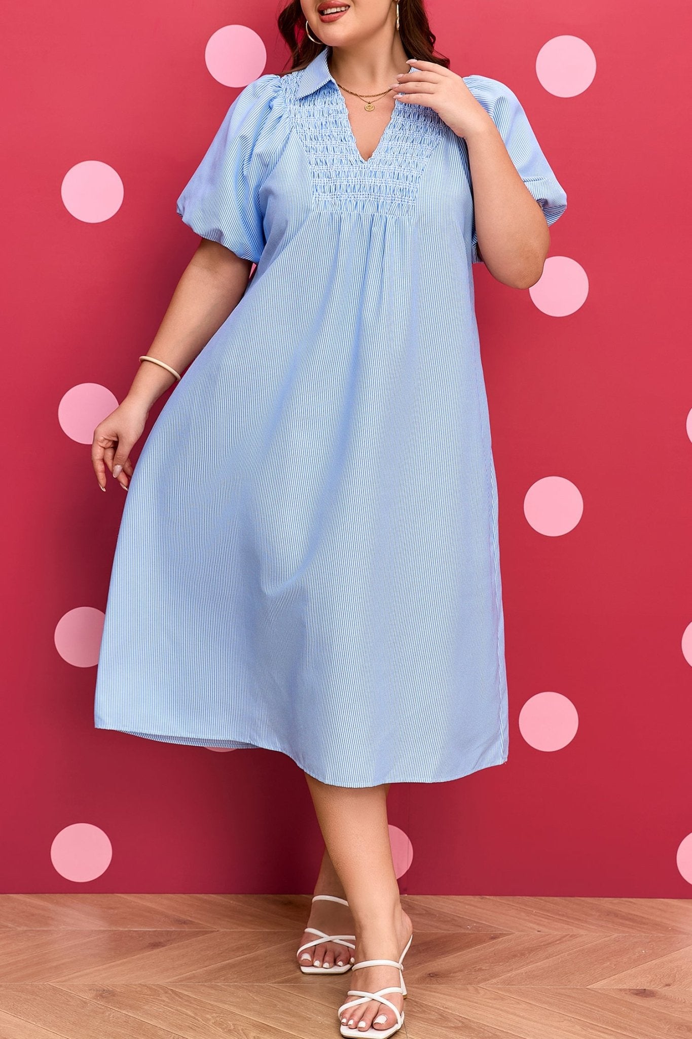 Plus Size Sky Blue Stripe Shirred Detail Collar V Neck Midi Dress - Bayou Curves