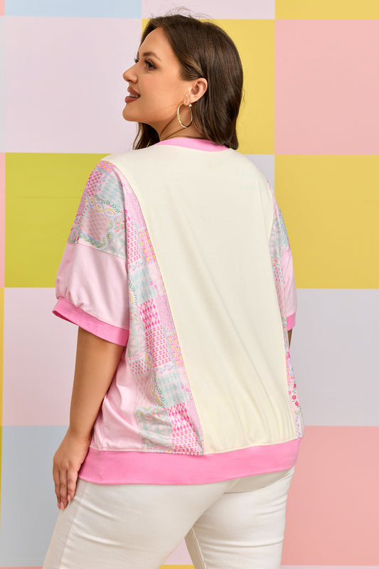 Plus Size Beige Floral Patchwork Short Sleeve Patch Embroidery Cotton T Shirt
