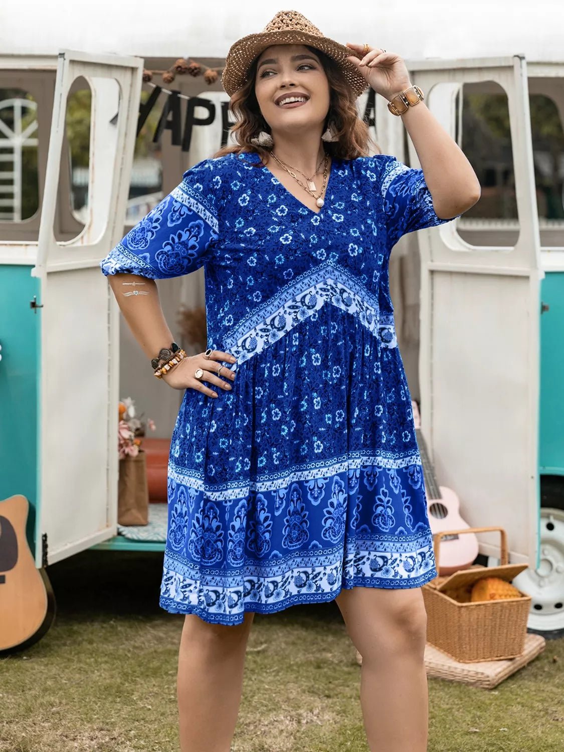 Plus Size Floral V-Neck Mini Dress - Bayou Curves