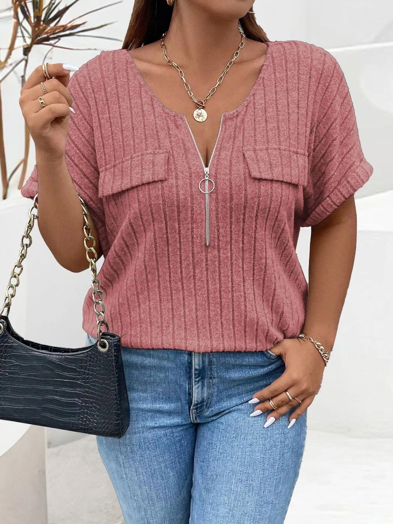 Plus Size Ribbed Half Zip Relaxed Fit T-Shirt - Bayou Curves