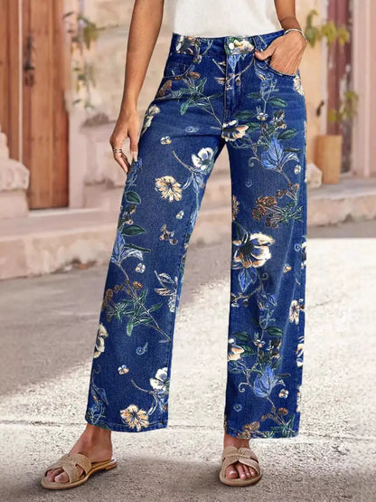 Floral Print Wide Leg Jeans - Bayou Curves
