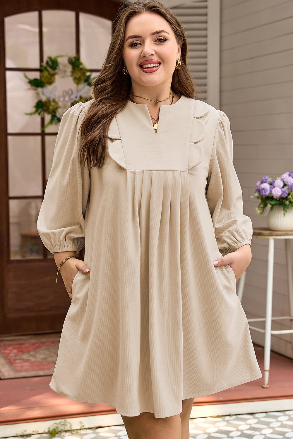 Plus Size Parchment Notched Neck Scallop Detail Mini Dress - Bayou Curves