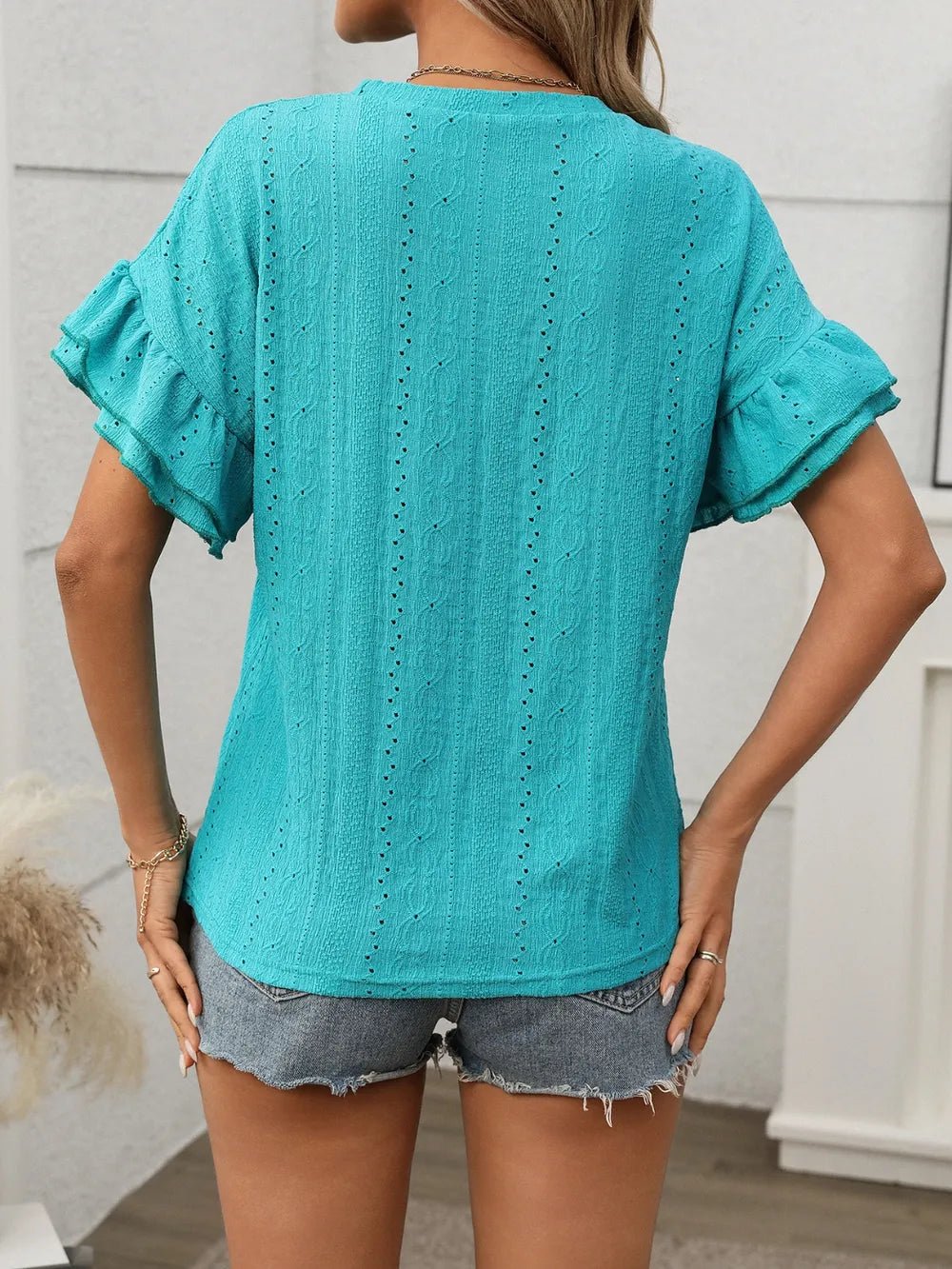Eyelet Round Neck Flounce Sleeve Top - Bayou Curves