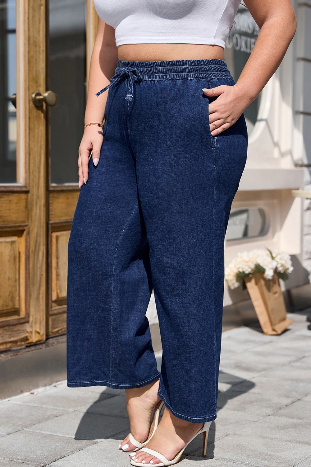 Plus Size Real Teal Drawstring High Waist Wide Leg Jeans - Bayou Curves
