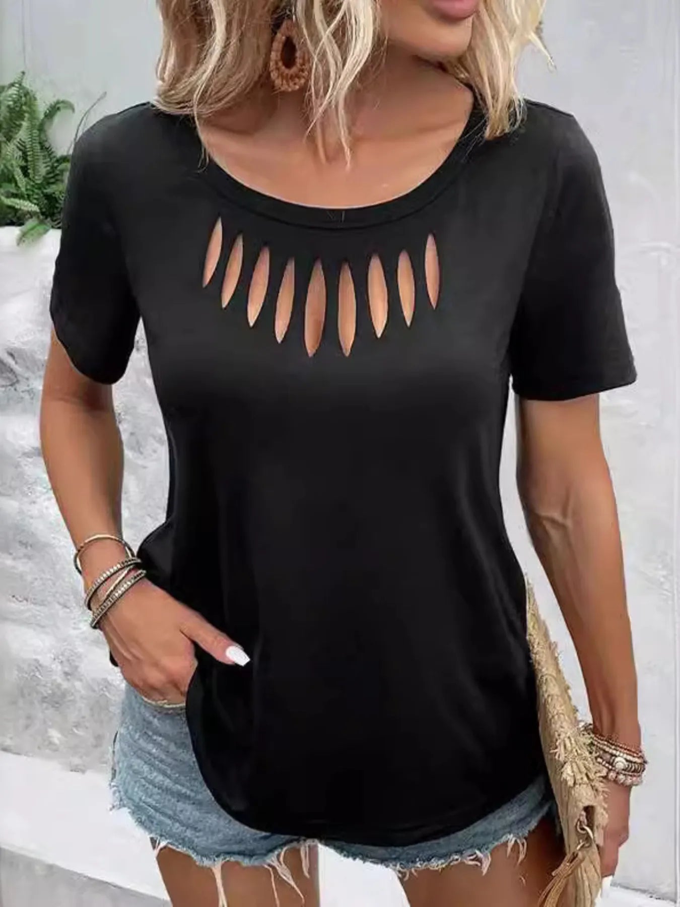 Hollow Out Neckline Short Sleeve T-Shirt - Bayou Curves