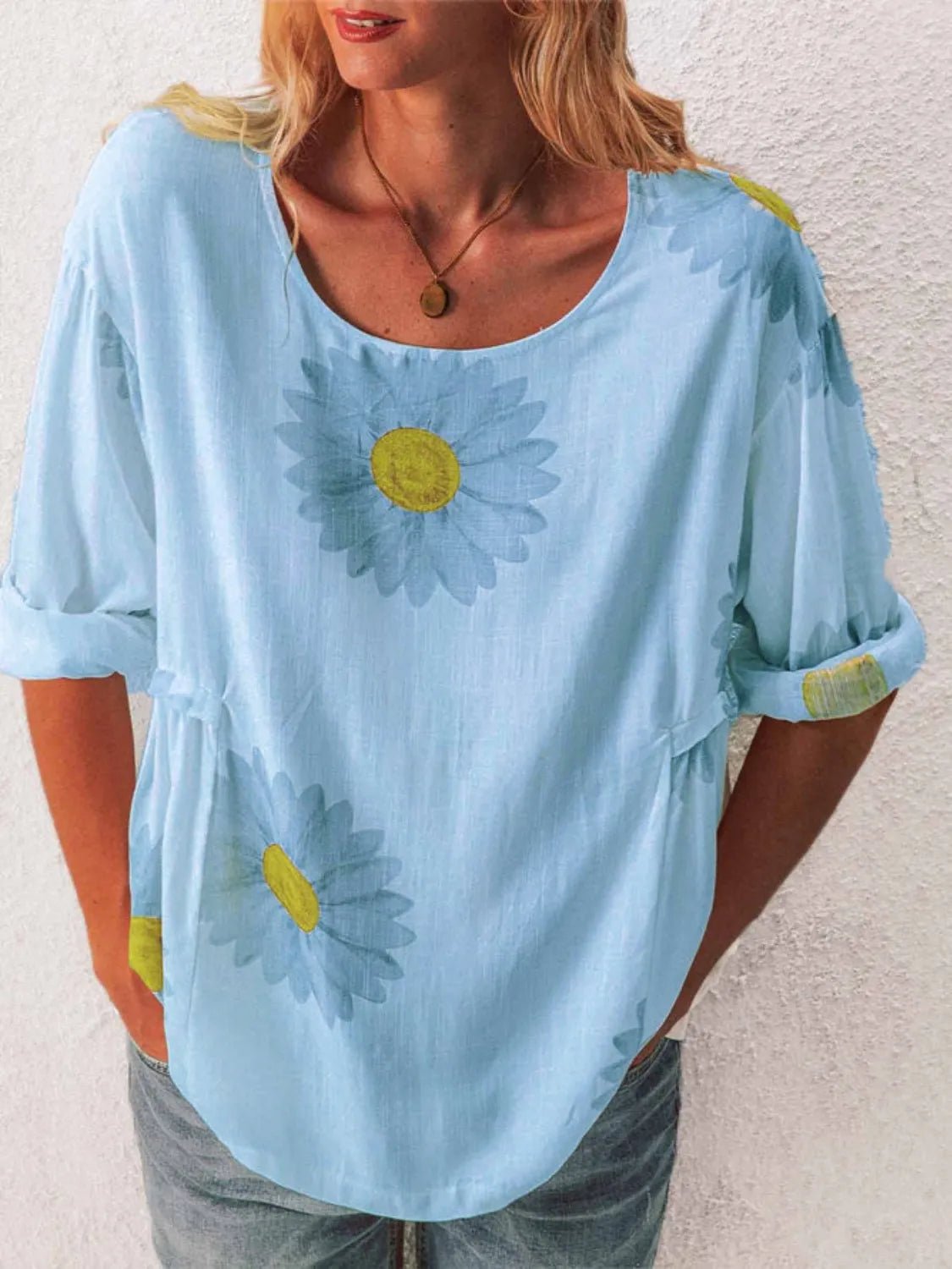 Full Size Flower Round Neck Half Sleeve T-Shirt Plus Size - Bayou Curves
