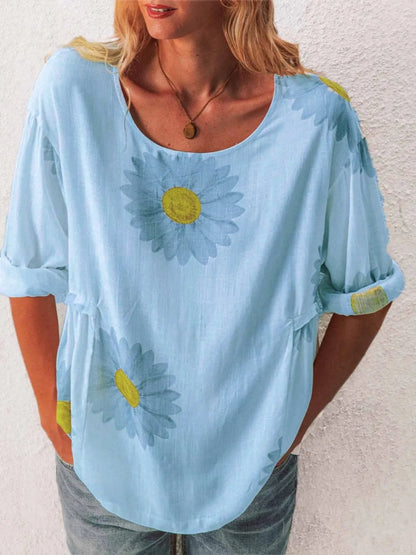 Full Size Flower Round Neck Half Sleeve T-Shirt Plus Size - Bayou Curves