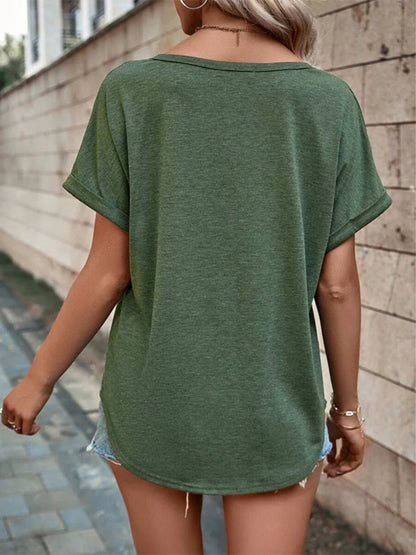 Full Size Decor Button Short Sleeve T-Shirt Plus Size - Bayou Curves