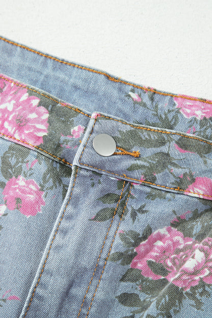 Plus Size Sky Blue Floral Print Ankle Length Loose Jeans