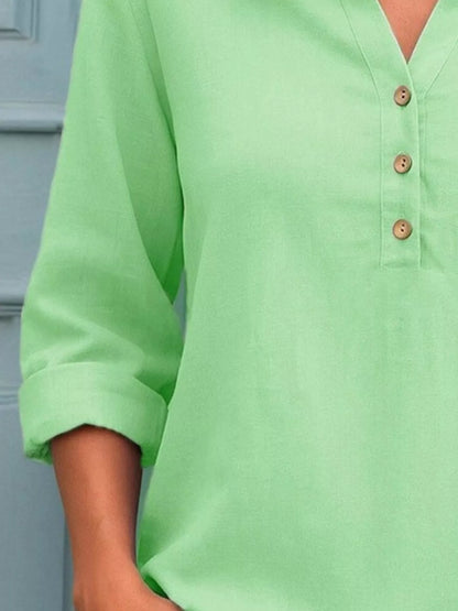 Full Size Button Detail Notched Long Sleeve Blouse Plus Size - Bayou Curves