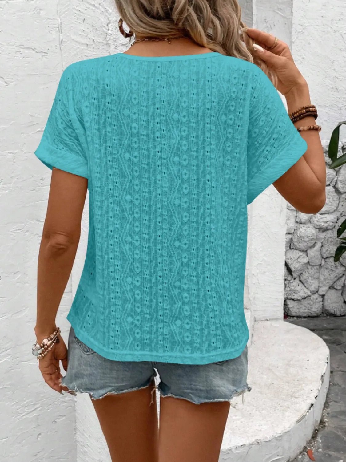 Eyelet Round Neck Short Sleeve Top - Bayou Curves