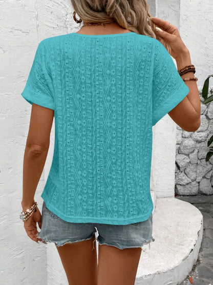 Eyelet Round Neck Short Sleeve Top - Bayou Curves