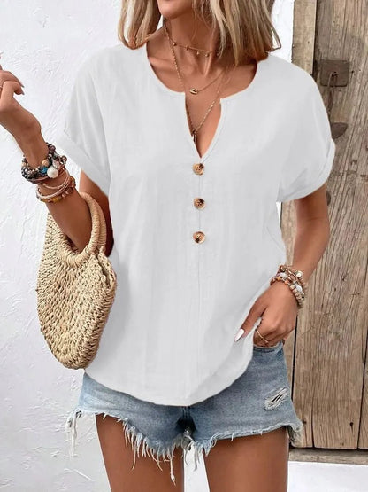 Full Size Notched Short Sleeve Top Plus Size - Bayou Curves